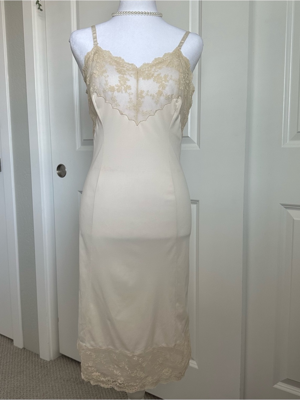 Vintage 1970s I. Magnin Ivory Antron Nylon Lace Slip Dress